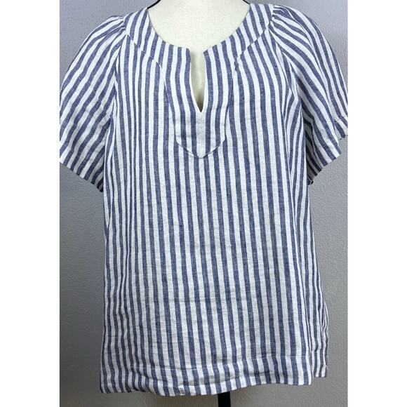 J Crew Sz M V Neck Flutter Sleeve Blue Striped 100% Linen Top - Picture 1 of 9